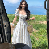 French Tea Break Collar Rags Bubble Sleeve Dress Women's Summer New Seaside Resort Wind Waist Long Skirt
