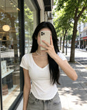 Hottie Pure Lust Wind V-Neck Machine Short-Sleeved Top T-Shirt Girl Short Straight Shoulder Repair Summer Girl Top