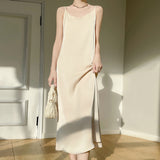 Silk Satin 2026 Spring And Summer New Women's V-Neck Long Dress Solid Color Temperament Adjustable Long Dress Sleeveless Sleeveless Sling