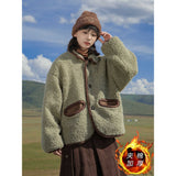 Green-Collared Lamb Plush Short Coat Women 2025 Autumn And Winter New Design Sense Loose Casual Jacket Top