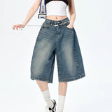 Vintage Casual Relaxation Denim Five-Point Short Men's And Women's Summer New Loose High Street Wide-Legged Trousers