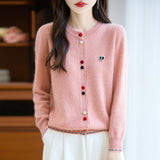 100% Pure Wool 2026 Autumn And Winter New Lady Loose Collar Design Color Buckle Top Knitted Cardigan Jacket