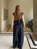 Korean Vintage Little Denim Set Of Female Lapel Clasp Blouse With High-Waist Straight Broad Leg Pants Two Sets