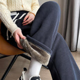 Plus Velvet Thick Lamb Velvet New Lindruffs Velvet Broad-Legged Women Autumn And Winter Northeast Special Thick Snow Trousers Women