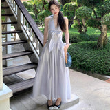French Temperament Pure Fish Bone Girded Neck V-Neck Bow Dress Women's Summer New Seaside Vacation Dress