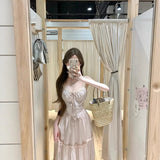 Gentle Wind Bow Sling Skirt Suit Women Summer Sunscreen Knitted Lace Lace Lace To Receive Waist Skirt