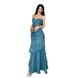 Shiny Blue High-End Birthday Dress Niche Sling Dress With Body Fishtail Dress Temperament Long Dress