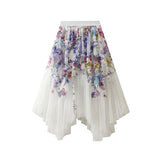 Dress Court Print Irregular Net Yarn Skirt Dress Temperament Fairy Dress Mid-Length Skirt Sweet 1503