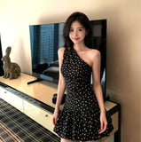 Wave Point Collar Folding Ultra-Short Flower Boa Boa Boamel 2026 Spring And Summer New Hanging Neck Black Wave Dot Dress