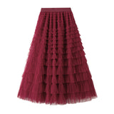 Net Yarn Lotus Leaf Side Temperament Skirt Women's Dress 2025 Spring And Autumn New Famous Woman Long Dress Thin Cake Skirt 2210