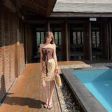 Thai Hottie Island Resort Style Wearing Brown Sexy Bra Strapped Dress Retro Wave Half Skirt Set