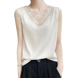 Silk Satin 2026 Spring And Summer Women's New V-Neck Sleeveless Small Vest T-Shirt Mesh Spliced Blouse Loose Sling