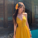 Dopamine-Miny Yellow Sling With Button-Dew Back Sling Fairy Long Dress Island Resort Beach Skirt