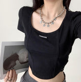 Vintage Black Fish Bone Strapped With Short-Sleeved T-Shirt For Women's Summer Short To Repair Height Waist Irregular Umbilly Tops