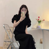 Large-Size Bubble Sleeves Niche Simple Solid Color Fat MM Thin Long Dress Loose Summer Sweet Round Collar Cover Dress