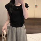 Positive Shoulder Short-Sleeved T-Shirt Women's Summer 2025 New Hong Kong Flavor Ins Style Slimming Small Flying Sleeve Short Top