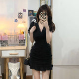 Black V-Neck Bubble-Sleeved Dress Women's Summer Niche Design With Fishtail Dress Korean Style