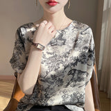 Silk Satin 2026 Summer New Women's Collar Temperament Print Short Chinese Feng Shui Ink T-Shirt Vest