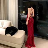 Sexy Bare Lace Embroidery Body-Brick Ass Long Dress Temperament Fishtail Hanging Dress Birthday Dress