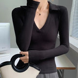 Spice Girl Sexy V-Neck Elastic Slim Slim Polo Shirt Retro Pure-Sleeved Bottom Shirt T-Shirt Top