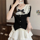 Summer Dress New Large-Size Fat Mm Female Pure Lust Lace Spliced Short-Sleeved Top Cut-Down Cake Skirt College Style Two Sets