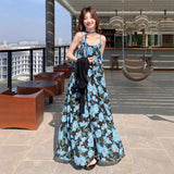2025 New French Seaside Holiday Dress Textured Blue Color Sleeveless Sling Dress Women's Summer