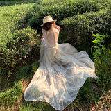 Beautiful Lace Splicing Big Bare Back Sling Dress Strapped Bow Fairy Gas Big Swing Dress Travel To Wear Long Skirt