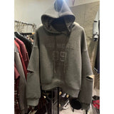 Thirteen Lines Of High-Quality Korean Version Of Loose Long-Sleeved Hooded Jacket Women's Letter Embroidery Spliced Striped Sleeves On The Top