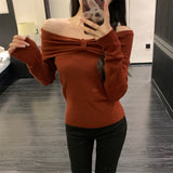 One-Word Collar Bow Design Long-Sleeved Knitted Shirt Women Autumn 2025 New Pure Hot Girl Bare Shoulder