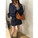 Korean Casual Sports Set 2025 Autumn And Winter Cuff Lattice Spliced Round Collar Collar Eds + Skirt Two-Piece Set