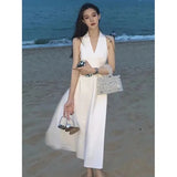 Large-Size Micro-Fat Women's Pure Lusty Deep V Low-Chest Beach Dress Summer Hanging Neck Hollow Back Dress Dress