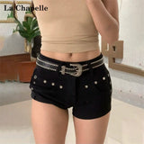 Rived Black Low-Waisted Denim Shorts Women 2025 Summer Trend With The New A-Word Hot Trousers