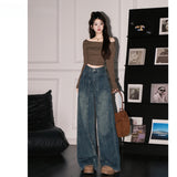 Dark Blue Wide-Legged Jeans Women 2025 Explosion Autumn And Winter Trend New High-Waist Loose Straight Pants