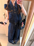 Summer New Korean Wears A Complete Set Of Denim Shirt Tops Short-Sleeved Women's Casual Broad Leg Pants Academy Style Suit