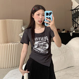 Positive Shoulder Short Sleeve T-Shirt Women's Summer 2026 New Fat MM Irregular Design Printing Thin Top
