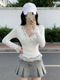 Sweet Hottie Pure Lust Lace Side Long-Sleeved Shirt Girl Early Autumn Wearing A Bottom Shirt Sweet Blouse V Collar Bow