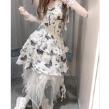 French Design-Sensitive Butterfly-Print Sling Dress Women's Summer Irregular Net Yarn Half-Dress Fashion Dress