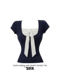 Crash Color Fake Two-Piece Collar Short-Sleeved T-Shirt Girl Summer Sweet Spicy Storm Point Splicing Bows To Reduce The Age Of Thin Tops