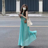 French Hollow Sling Dress Women Summer Seaside Resort Beach Dress Folded •ÃÖåã¼ÀÁËÉ Pine Feeling Long Skirt