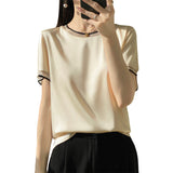 Silk Satin 2026 Spring And Summer Women's New Short Loose Round-Neck Color Mesh Yarn Short-Sleeved T-Shirt Temperament Thin Top