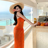 Thailand Sanya Seaside Holiday Orange Hollow Lace Bag Folded Pure Sexy Dress Beach Dress