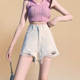 Light-Colored Hole-Crowded Denim Shorts Women's Summer Trend With New Dopamine Wearing High-Rise Thin Hot Trousers