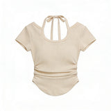 Spice Girls Irregularly Hanging Neck Short-Sleeved T-Shirt Girl Summer Slimming Short Folding Top