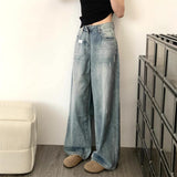 Tall Man Lengthened Retro Water Wash Scratches Worn Jeans Women High Waists Thin Loose Straight Leg Drag Trousers