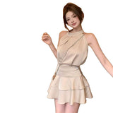 Sleeveless Hanging Neck Vest Top Women's Summer Gold-Sensitive Set Lotus Leaf Cake Half-Dress Short Skirt Temperament Two-Set