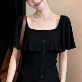 Temperament Gentle Wind Lotus Leaf Side U Collar Short-Sleeved T-Shirts Summer Pure Fashion To Close The Waist Thin Design Short Top