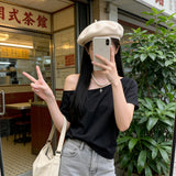 Lazy Wind Out Of The Shoulder Short-Sleeved T-Shirts In The Summer Pure Babes Design Sense Of A Small Loose Collar On The Shoulder