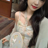 Vintage Oil Painting Style Print Sling Dress Summer Atmosphere Super Fairy Romantic High-Rise Thin Dress Temperament Dress