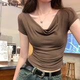 French Top Fashion Design Collar A Word Shoulder T-Shirt Short-Sleeved Girl Summer Repair Hot Girl Tight Shoulder Short