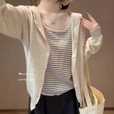 Small Capital Hit The Striped Bottom Hooded Sweater Women Spring Age Reduction Fake Two Long-Sleeved Knitted Cardigan Tops